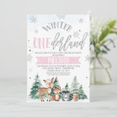 ピンクシルバーウッドランドオーネダーランドファースト誕生日Inv 招待状 (スタンド正面)