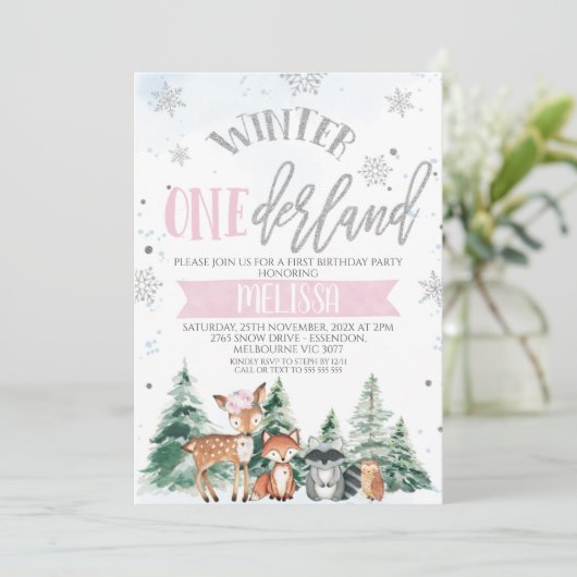 ピンクシルバーウッドランドオーネダーランドファースト誕生日Inv 招待状 (スタンド正面)