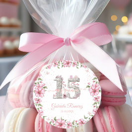 ピンクシルバーカラーのキンセañera(15歳の誕生日)お祝いデザイン ラウンドシール