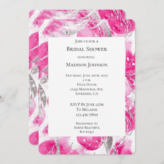 ピンクシルバーグラムサークルブライダルシャワー 招待状 (正面/裏面)
