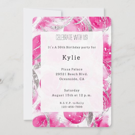 ピンクシルバーグラムサークル誕生日 招待状 (正面)