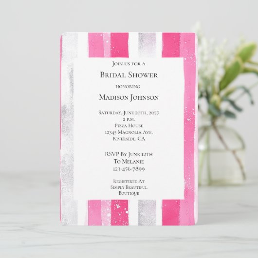 ピンクシルバーグラムストライプブライダルシャワー 招待状 (スタンド正面)