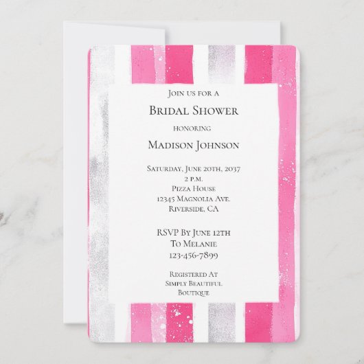 ピンクシルバーグラムストライプブライダルシャワー 招待状 (正面)