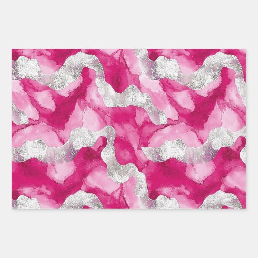 ピンクシルバーグラム抽象芸術ストライプ誕生日 ラッピングペーパーシート (正面)