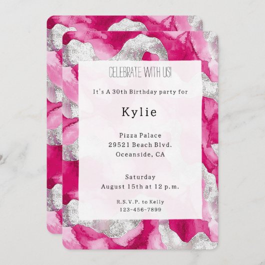 ピンクシルバーグラム誕生日 招待状 (正面/裏面)