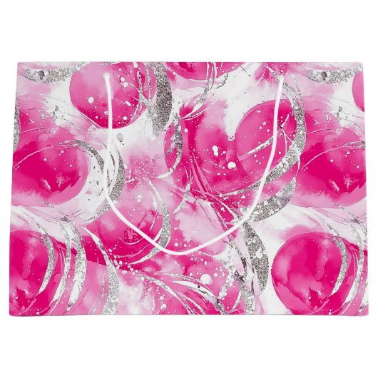 ピンクシルバーグリッターアブストラクトサークル誕生日 ラージペーパーバッグ (正面)