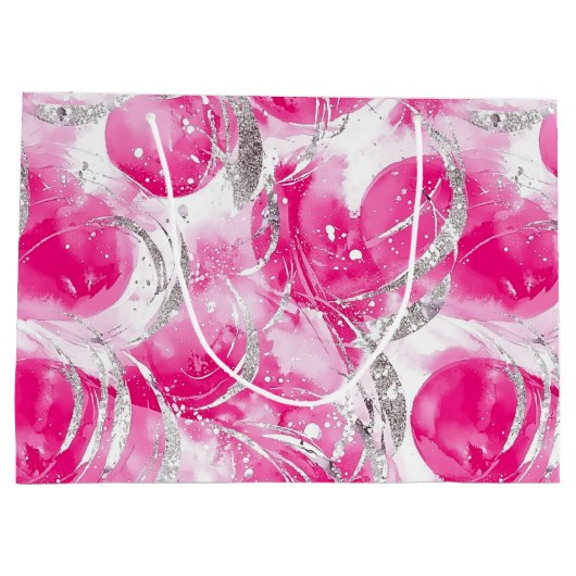 ピンクシルバーグリッターアブストラクトサークル誕生日 ラージペーパーバッグ (裏面)