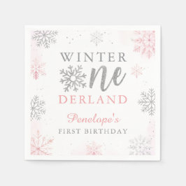 ピンクシルバーグリッターウィンターオネダーランド1歳の誕生日 スタンダードカクテルナプキン