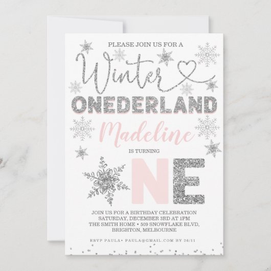 ピンクシルバーグリッターウィンターオンダーランド誕生日 招待状 (正面)