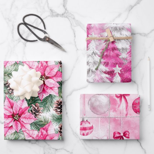 ピンクシルバーグリッタークリスマスツリーフラワーオーナメント ラッピングペーパーシート (正面)