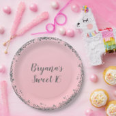 ピンクシルバーグリッターグラムエッジスウィート16パーティー ペーパープレート (パーティー)