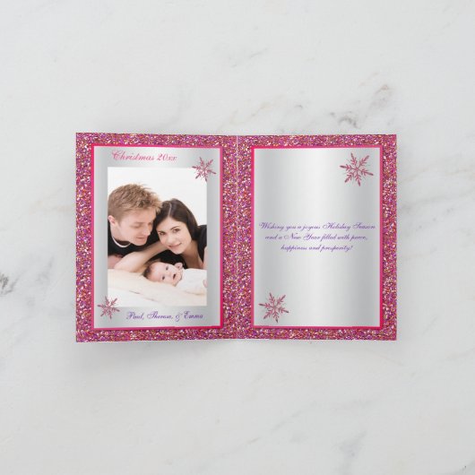 ピンクシルバーグリッタースノーフレークフォトクリスマスカード シーズンカード (内部)