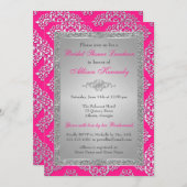 ピンクシルバーグリッターダマスクブライダルシャワー招待状 招待状 (正面/裏面)