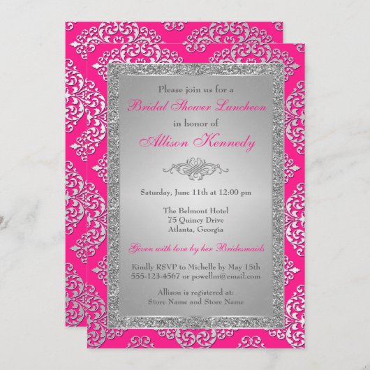 ピンクシルバーグリッターダマスクブライダルシャワー招待状 招待状 (正面/裏面)
