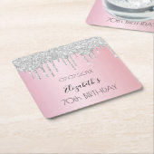 ピンクシルバーグリッタードリップスネーム誕生日 スクエアペーパーコースター (アングル)