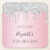 ピンクシルバーグリッタードリップスネーム誕生日 スクエアペーパーコースター (正面)