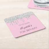 ピンクシルバーグリッタードリップスネーム誕生日 スクエアペーパーコースター (アングル)