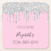 ピンクシルバーグリッタードリップスネーム誕生日 スクエアペーパーコースター (正面)