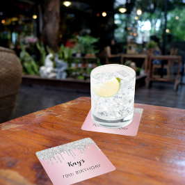 ピンクシルバーグリッタードリップスネーム誕生日 スクエアペーパーコースター