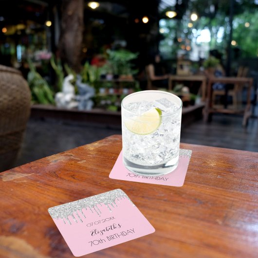 ピンクシルバーグリッタードリップスネーム誕生日 スクエアペーパーコースター