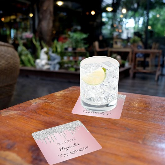 ピンクシルバーグリッタードリップスネーム誕生日 スクエアペーパーコースター