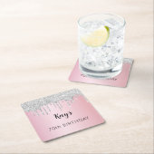 ピンクシルバーグリッタードリップスネーム誕生日 スクエアペーパーコースター (インサイチュ)