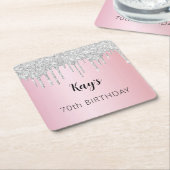 ピンクシルバーグリッタードリップスネーム誕生日 スクエアペーパーコースター (アングル)