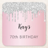 ピンクシルバーグリッタードリップスネーム誕生日 スクエアペーパーコースター (正面)