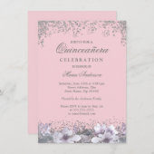 ピンクシルバーグリッターパープルフラワーキンセアニェラ 招待状 (正面/裏面)