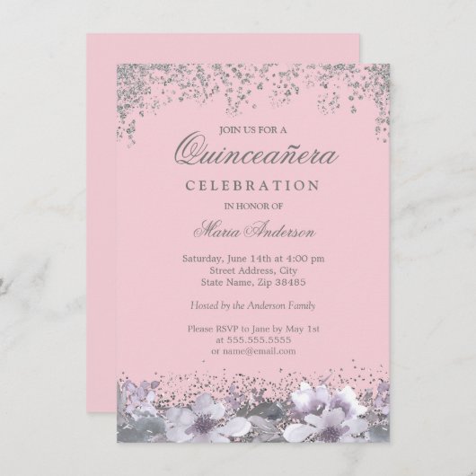 ピンクシルバーグリッターパープルフラワーキンセアニェラ 招待状 (正面/裏面)