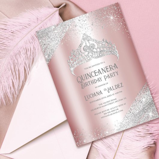 ピンクシルバーグリッタープリンセスティアラキンセアニラ 招待状