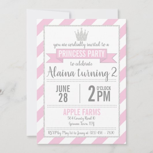 ピンクシルバーグリッタープリンセス誕生日招待状 招待状 (正面)