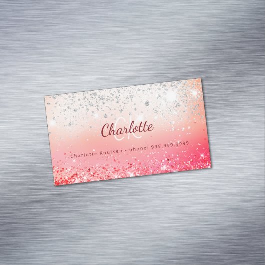 ピンクシルバーグリッターモノグラムイニシャル マグネット名刺 (インサイチュ)