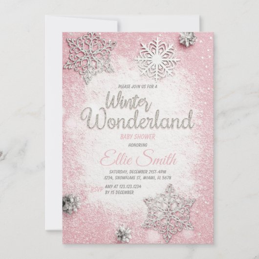 ピンクシルバーグリッター冬ベビーシャワー招待状 招待状 (正面)