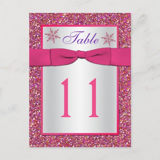 ピンクシルバーグリッター雪片テーブル番号カード ポストカード (正面)