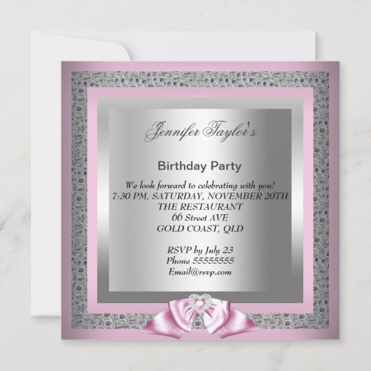 ピンクシルバーグレーハイヒールシューバースデーパーティー 招待状 (裏面)
