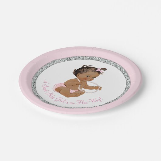 ピンクシルバーグレーパールエスニックガールベビーシャワー ペーパープレート (アングル)