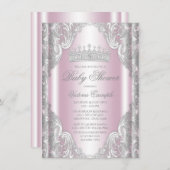 ピンクシルバーグレーファンシープリンセスベビーシャワー 招待状 (正面/裏面)