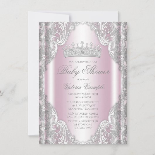 ピンクシルバーグレーファンシープリンセスベビーシャワー 招待状 (正面)