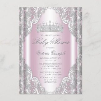 ピンクシルバーグレーファンシープリンセスベビーシャワー 招待状