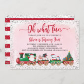 ピンクシルバーサンタクロースクリスマストレイン誕生日 招待状 (正面/裏面)