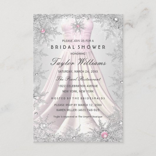 ピンクシルバージュエルスノーフレーク ブライダルシャワードレス 出欠カード (正面)