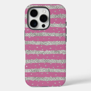 ピンクシルバースパークリーストライプ紙吹雪 iPhone 16 PROケース