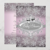 ピンクシルバースパークルスノーフレークベイビーシャワー招待状 招待状 (正面/裏面)