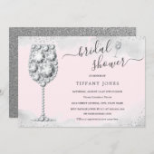 ピンクシルバースパークルダイヤモンドバブリーブライダルシャワー 招待状 (正面/裏面)