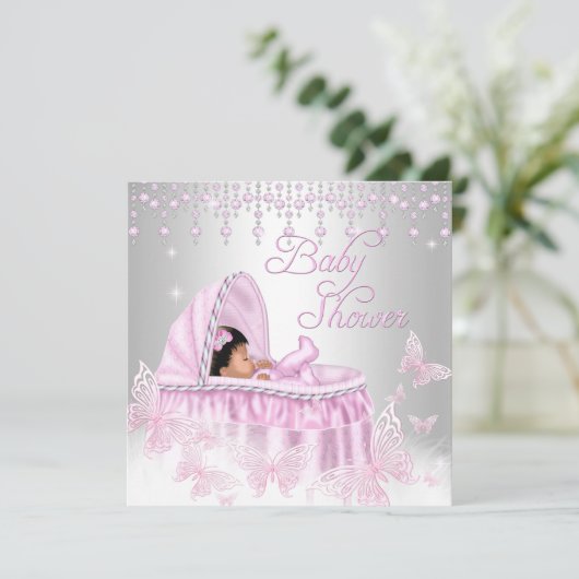 ピンクシルバースパークルバタフライベビーシャワーエスニック 招待状 (スタンド正面)