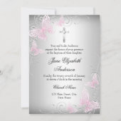 ピンクシルバースワールバタフライクロスバプテスマ招待状 招待状 (正面)