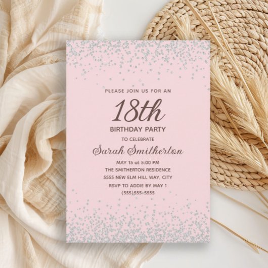 ピンクシルバーダイヤモンドグリッター18誕生日 招待状