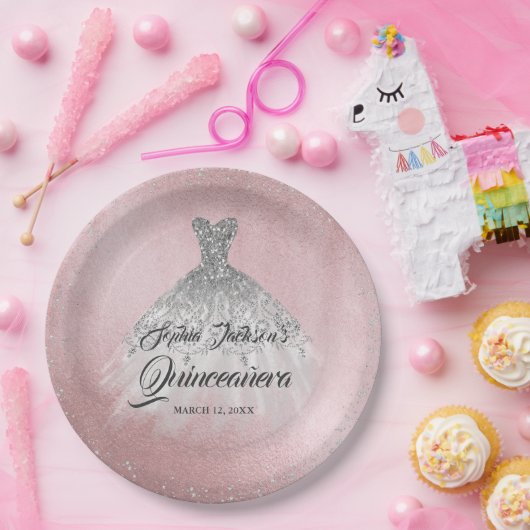 ピンクシルバーダイヤモンドスパークルガウンキンセアニェラ ペーパープレート (パーティー)