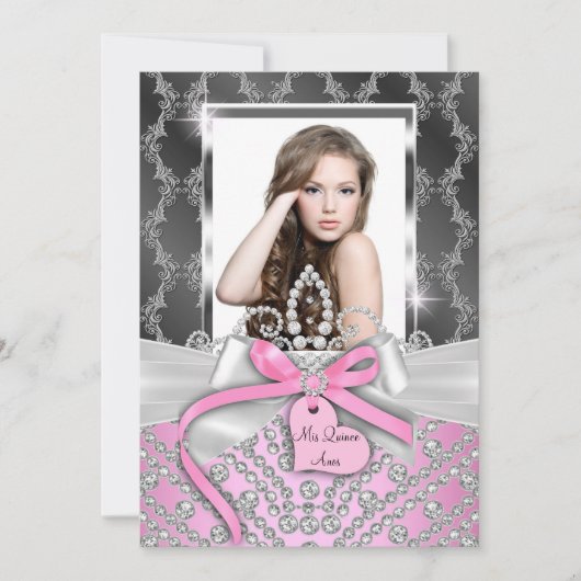 ピンクシルバーダイヤモンドボウフォトキンセアニェラ招待状 招待状 (正面)